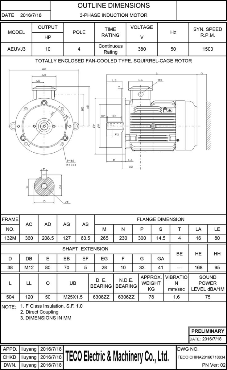 東元節(jié)能電機(jī)7.5KW 4P 立式尺寸圖