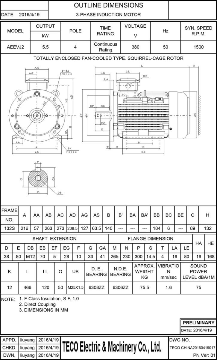 東元節能電機5.5KW 4P 臥式尺寸圖