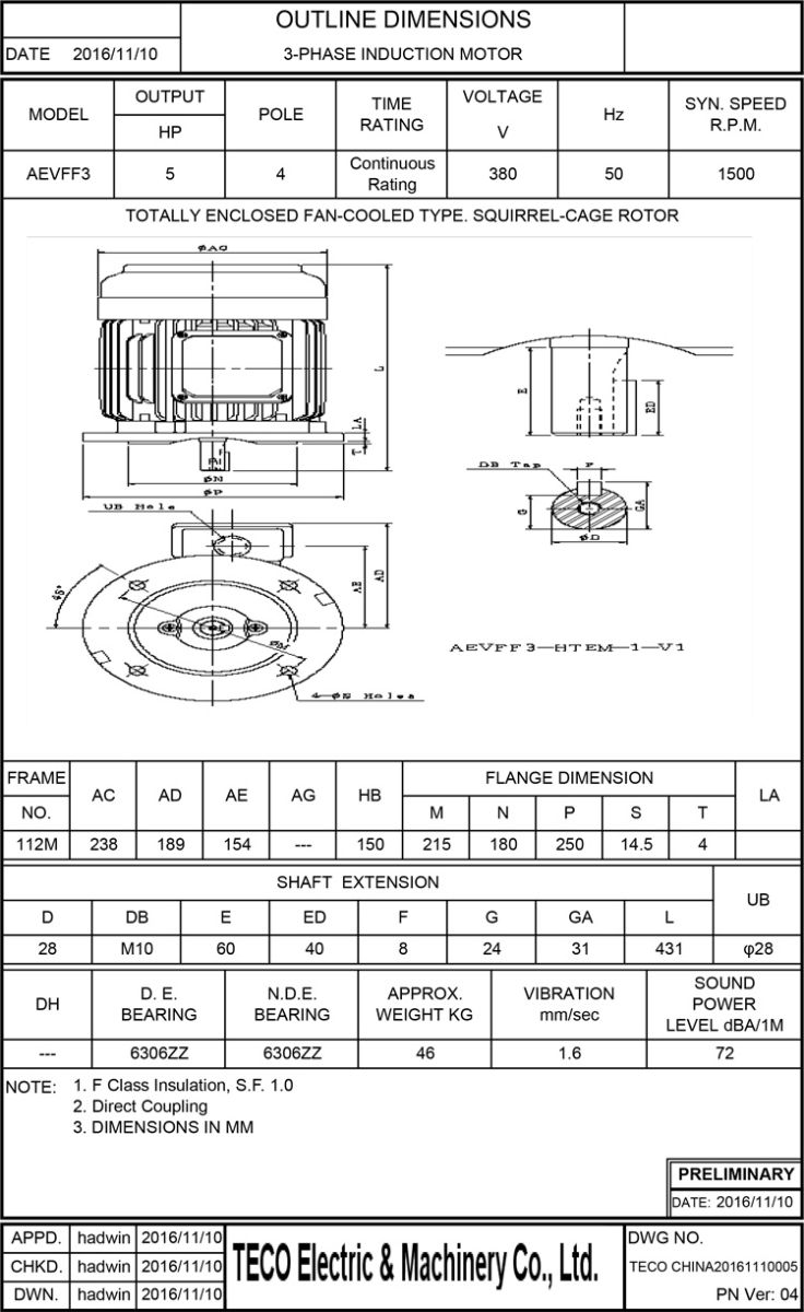 東元AEVF 3.7KW 4P電機尺寸圖