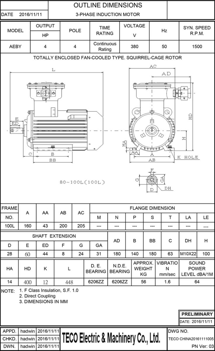 東元3KW 4P 臥式防爆電機(jī)尺寸圖